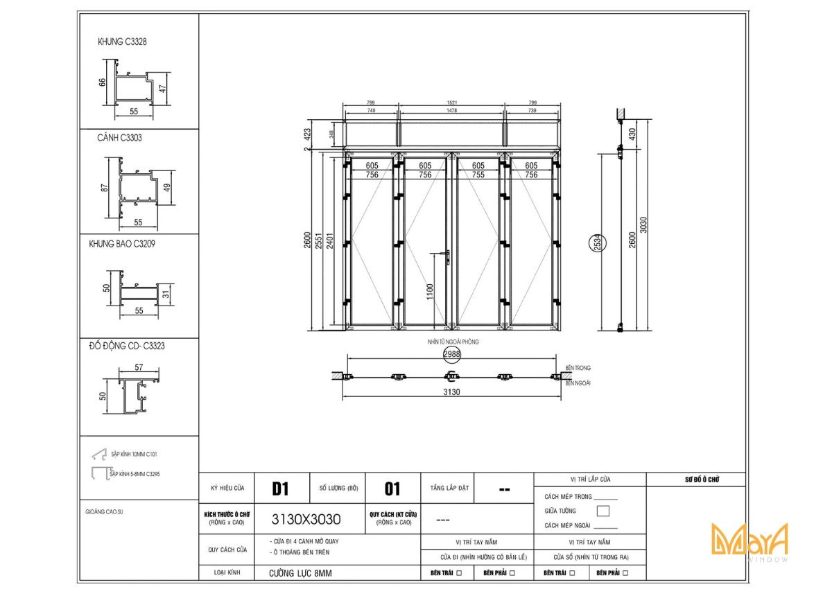 Bản vẽ kỹ thuật cửa đi mở quay 4 cánh