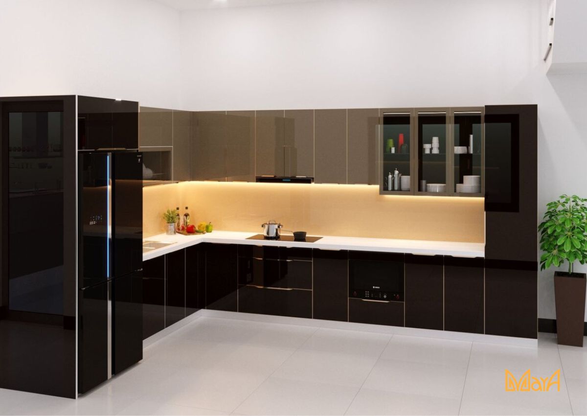 Tủ bếp cánh kính tông đen trắng mang đến không gian sang trọng cho nhà bếp.